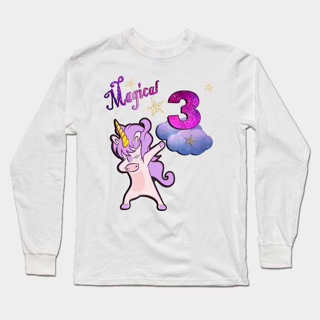 Unicorn Birthday for 3 Year Old Girls Magical 3 Dancing Cute Birthday Theme Unicorns Long Sleeve T-Shirt by tamdevo1